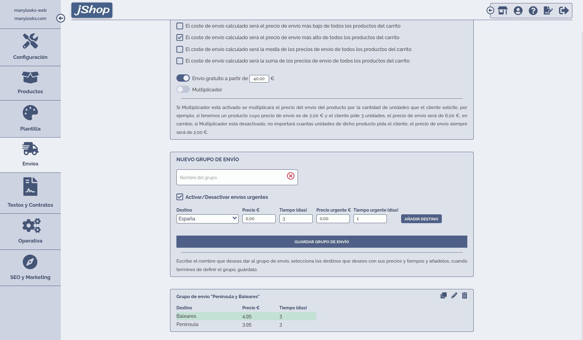 Área de cliente de jShop para la configuración de envíos de pedidos del ecommerce.