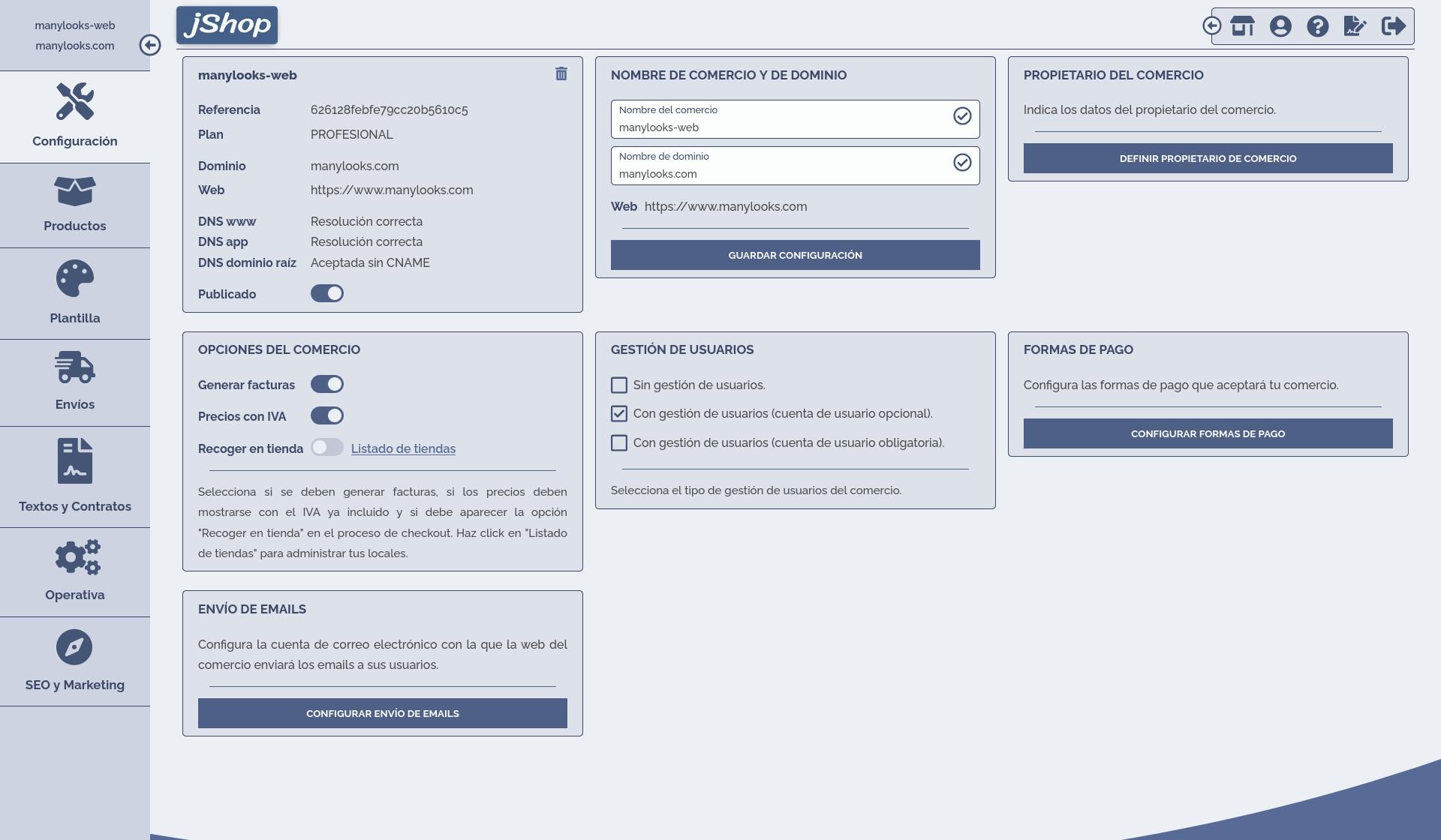 Área de cliente de jShop para la configuración base de la tienda online.