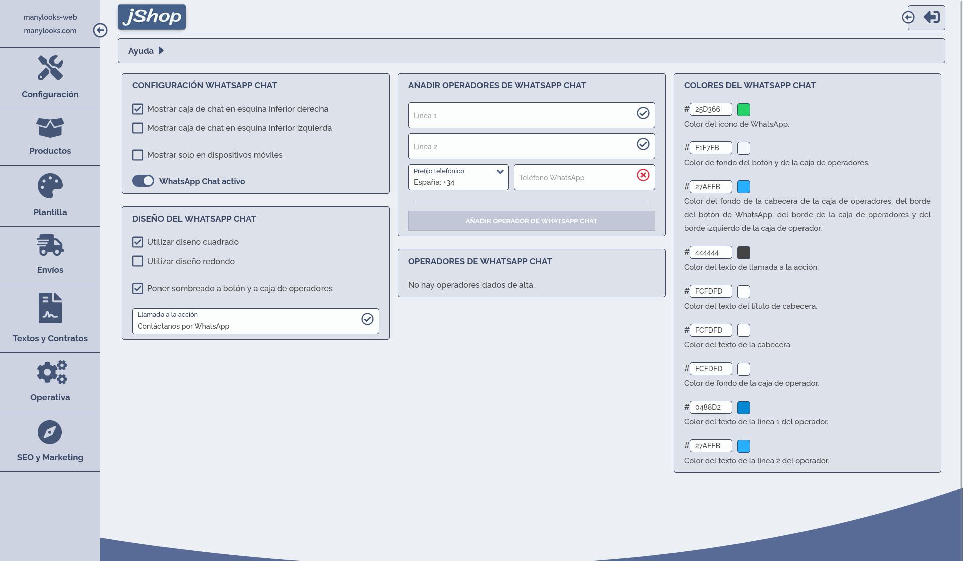 Área de cliente de jShop para la configuración del botón de chat de WhatsApp.