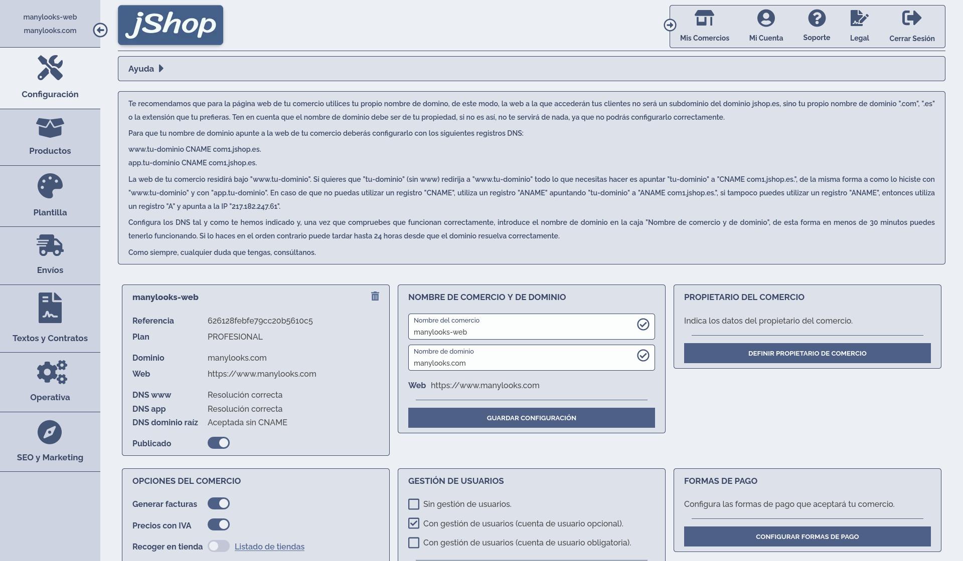 Área de cliente de jShop con gestión del nombre de dominio.