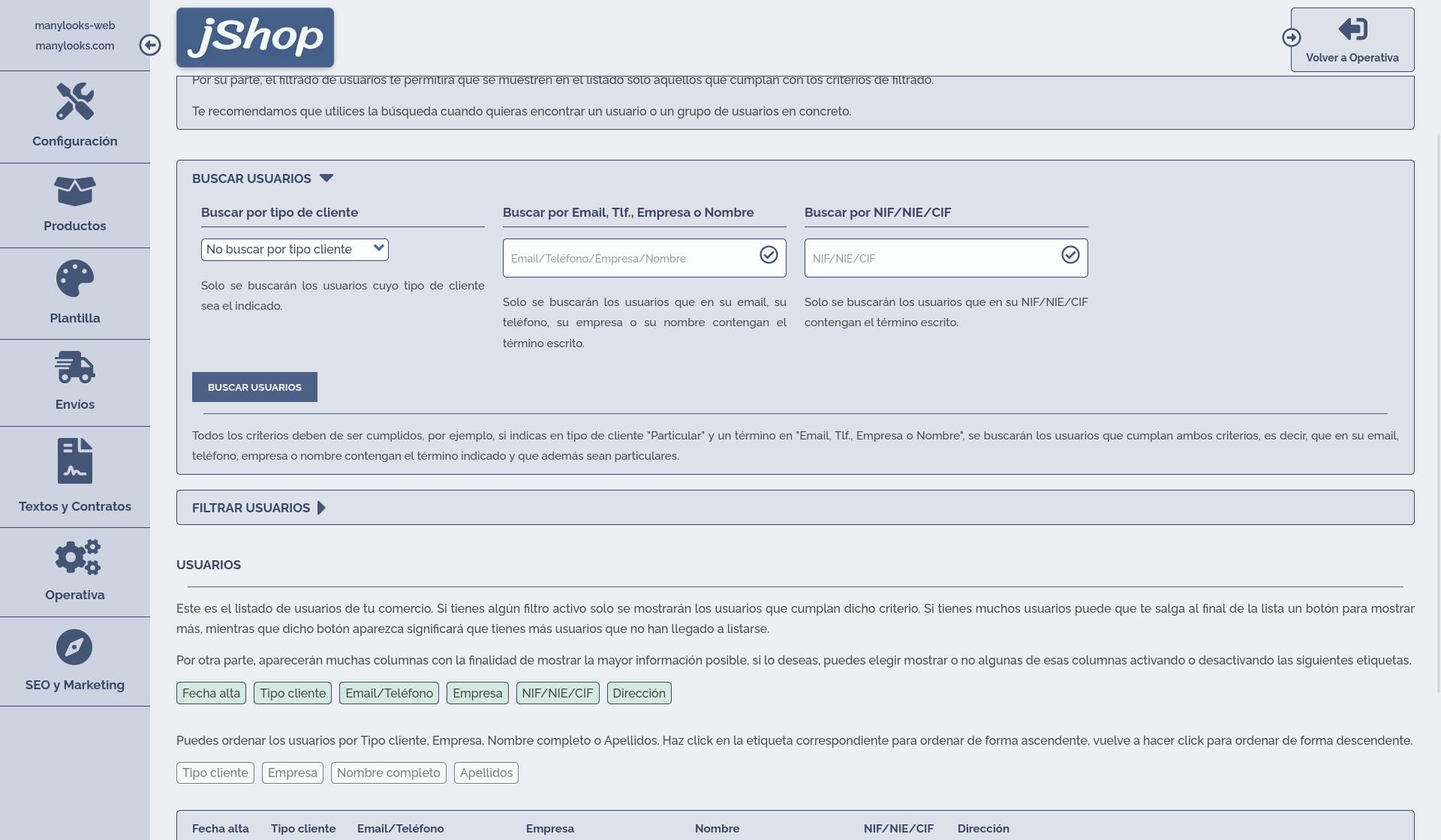 Área de cliente de jShop para la gestión usuarios de la tienda online.