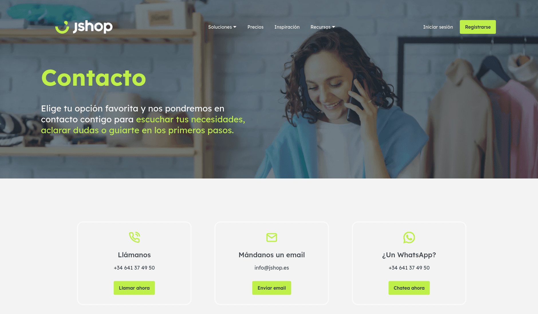 Área de contacto de jShop donde el usuario puede aclarar dudas.