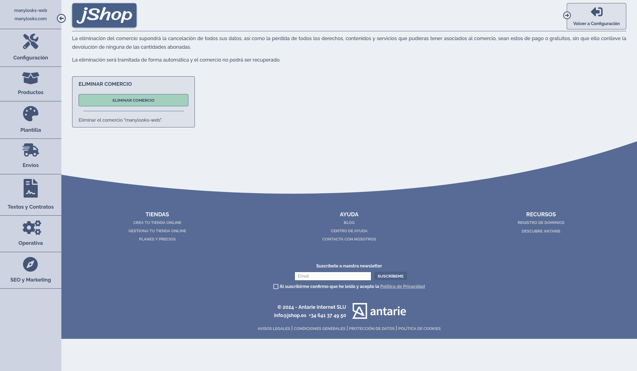 Área de usuario de jShop donde se puede dar de baja el ecommerce si el cliente lo desea.
