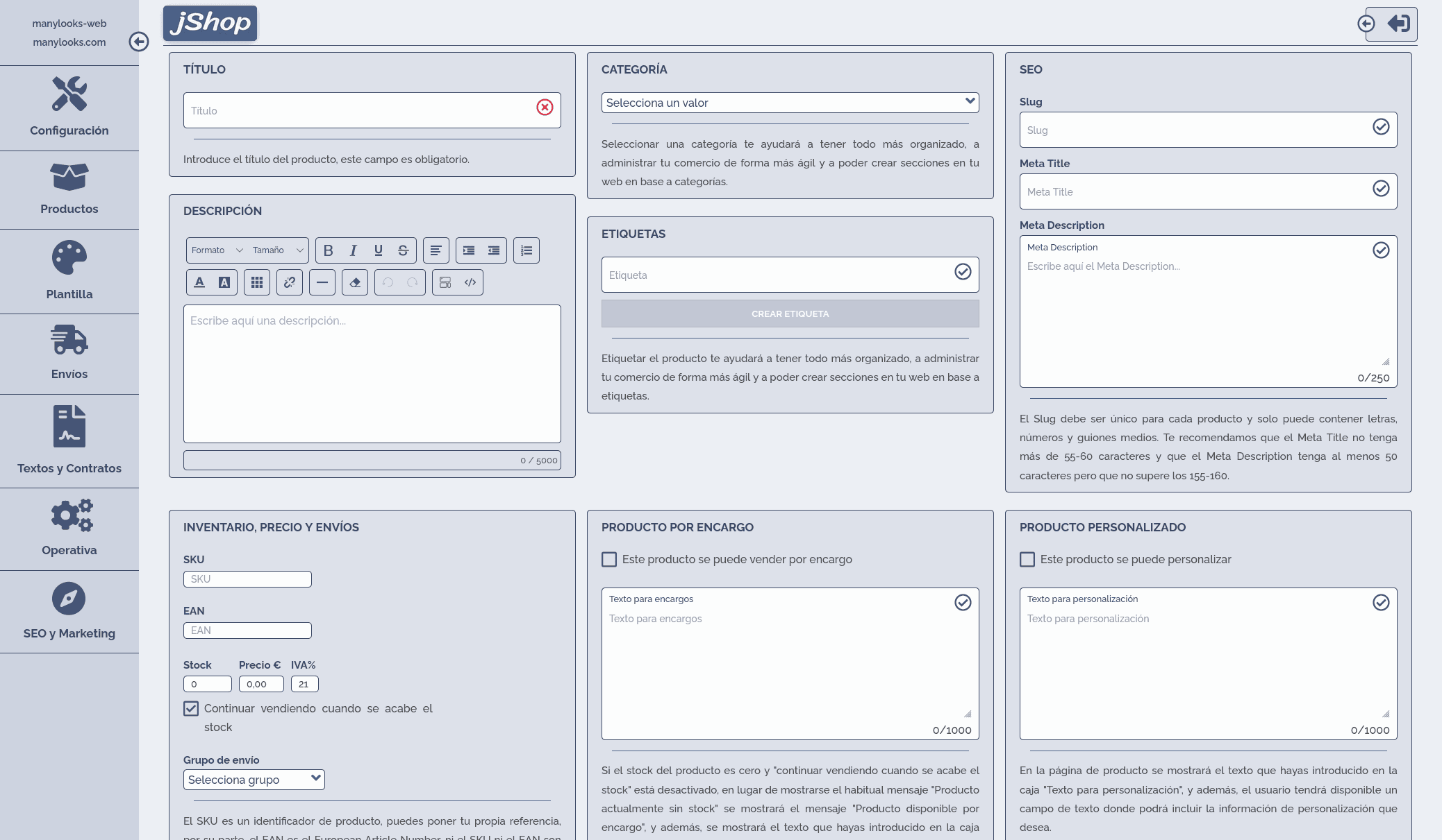 Área de usuario de jShop donde se pueden configurar todas las características de cada producto.