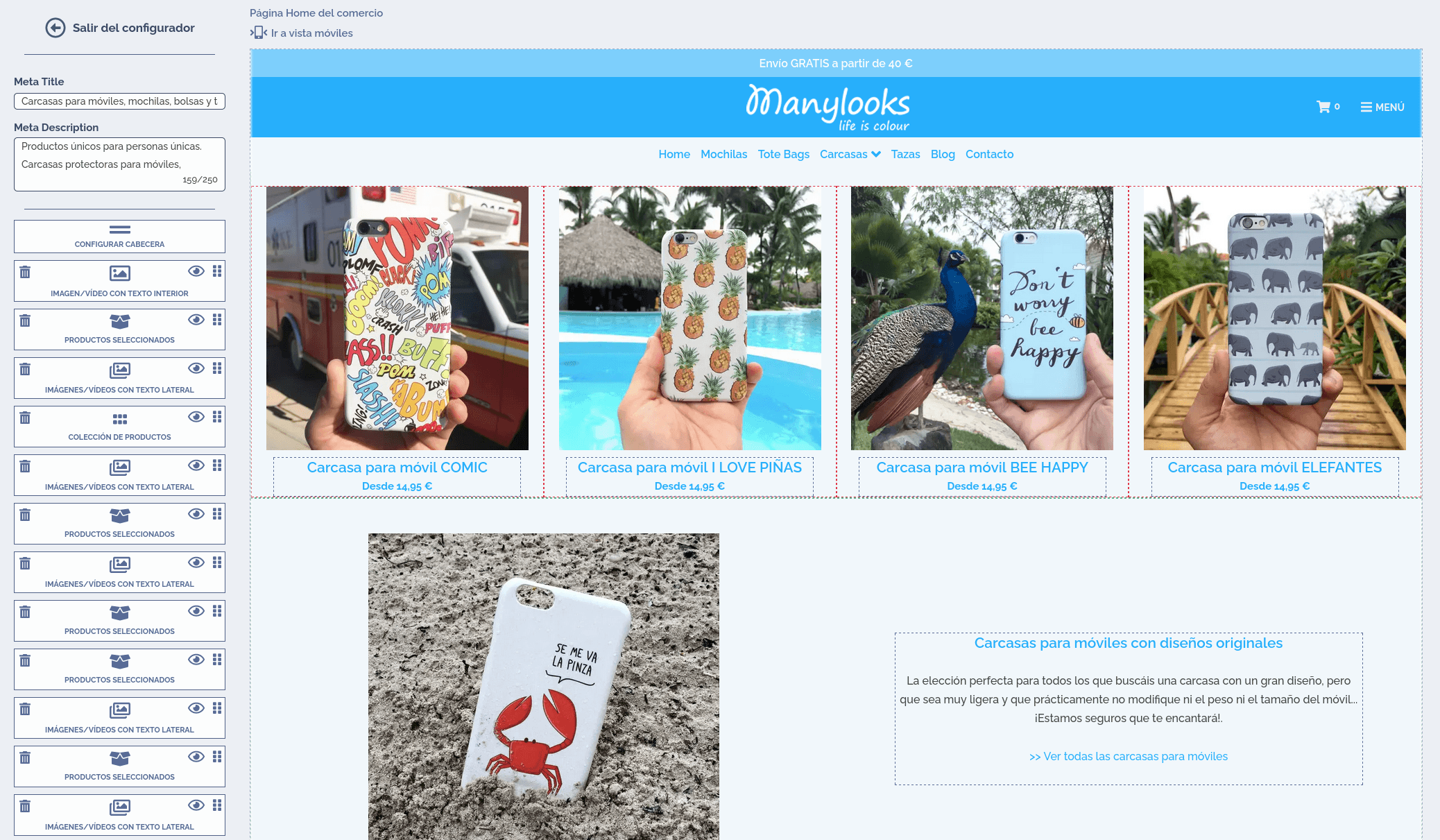 Área de usuario de jShop donde se puede configurar la estética del comercio electrónico.