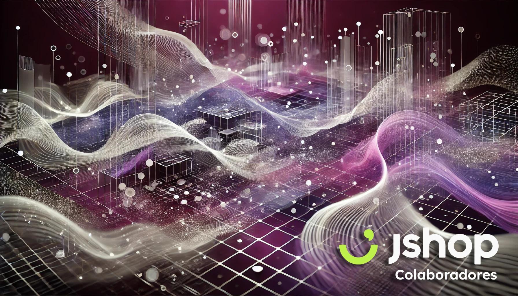 Ilustración abstracta de diseño gráfico y digital con ondas de luz y líneas geométricas flotantes, representando un flujo de datos digitales y estructuras tridimensionales sobre un fondo oscuro, simbolizando la complejidad de la tecnología y el desarrollo web.