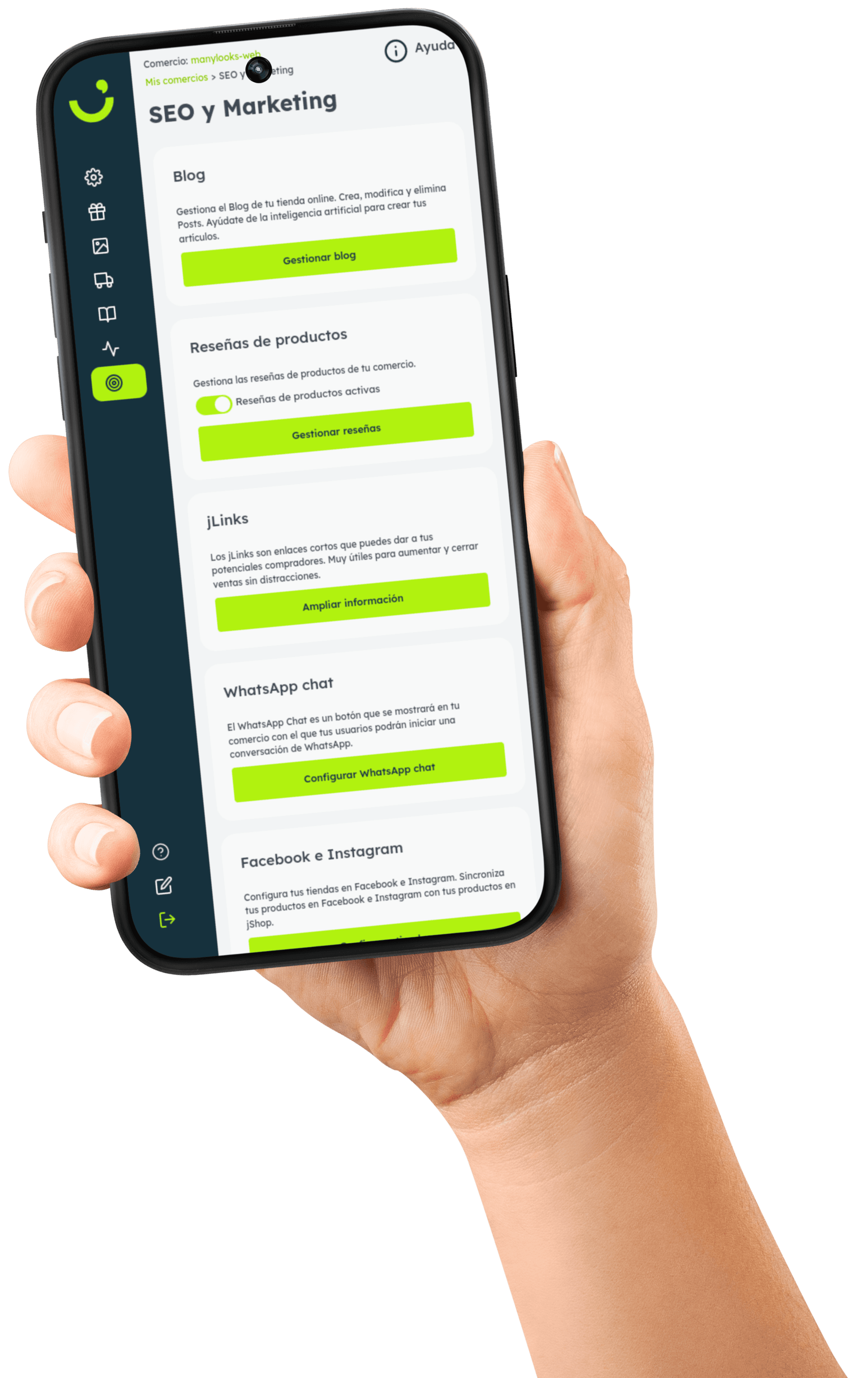 Mano sosteniendo un móvil que muestra una sección del panel de control de jShop.
