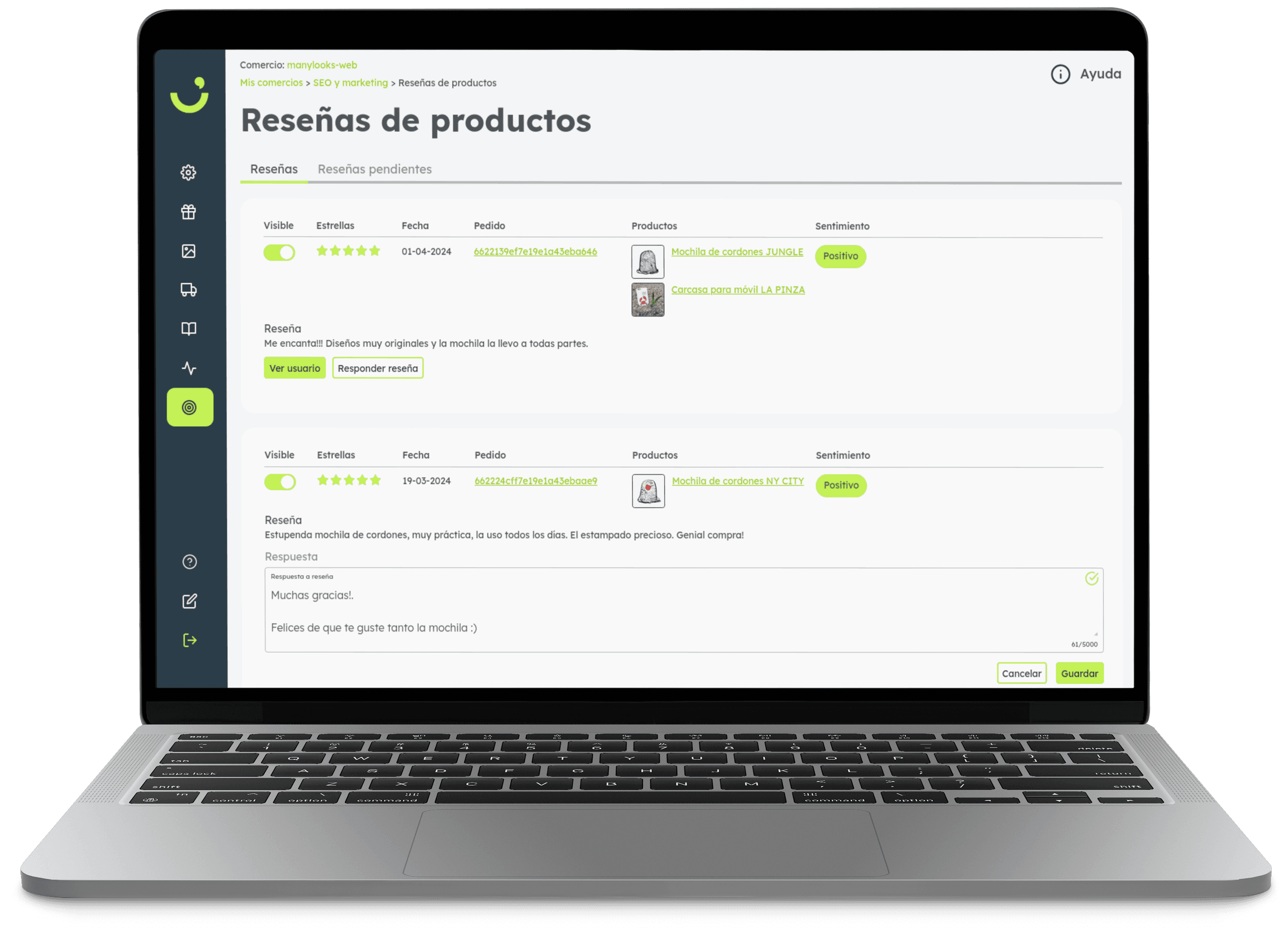 Portátil mostrando la sección de gestión de reseñas de productos del panel control de jShop.