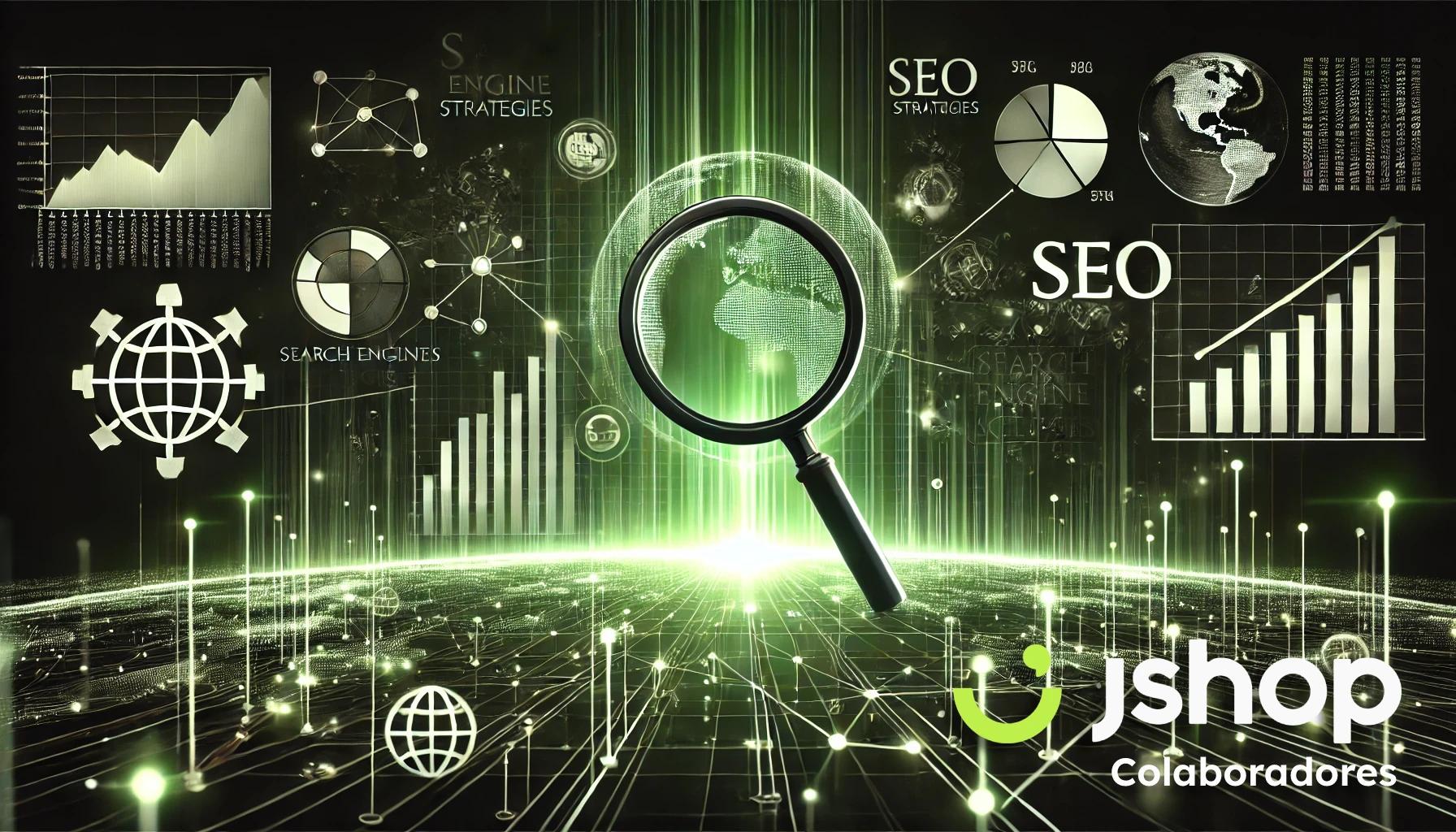 Imagen conceptual de SEO con gráficos de crecimiento, estrategias de motores de búsqueda y un globo terráqueo visto a través de una lupa, resaltando elementos relacionados con la optimización de motores de búsqueda.