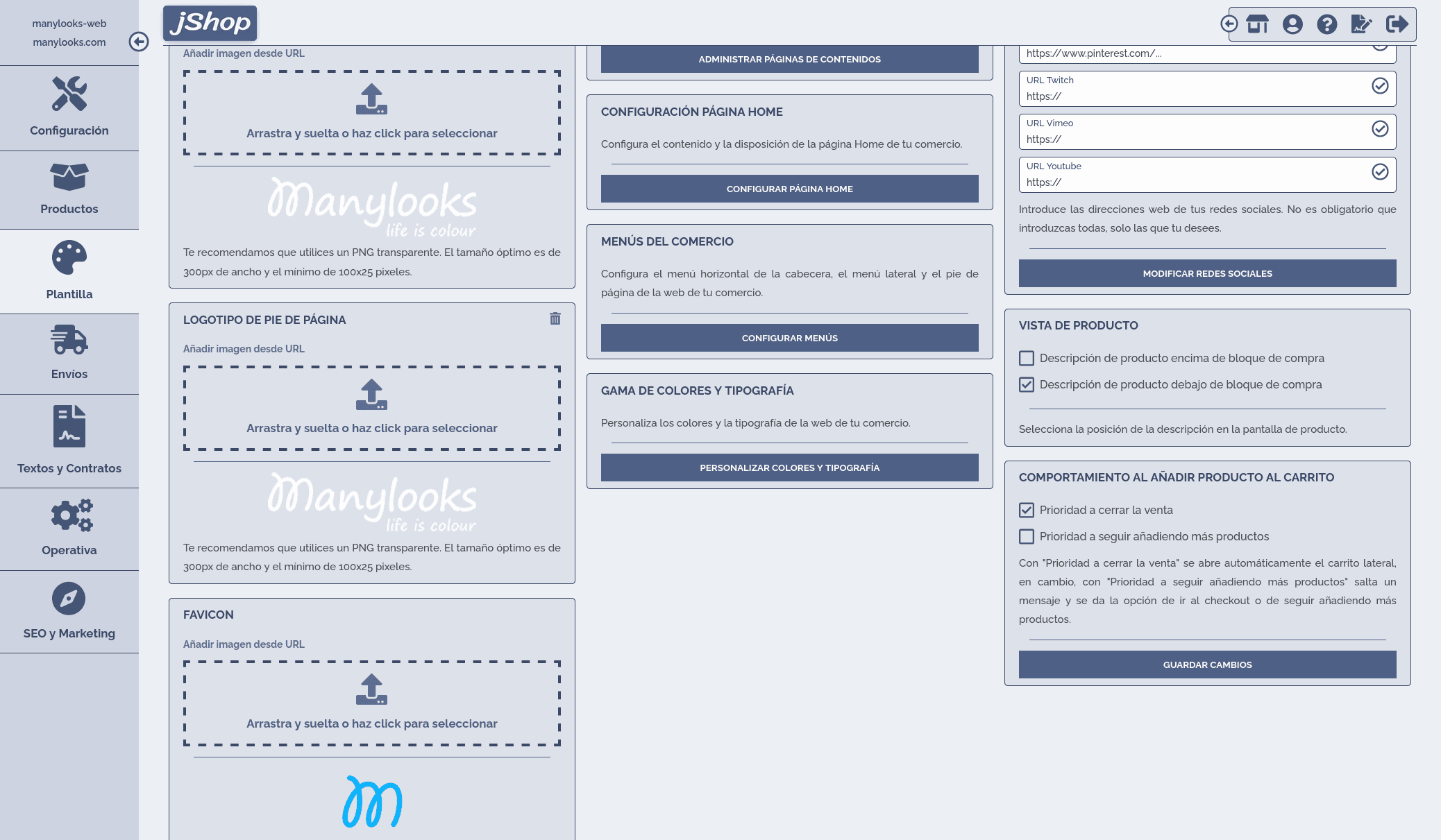 Área de usuario de jShop donde el comerciante puede configurar los colores, la tipografía, logotipos, etc, de su tienda online.