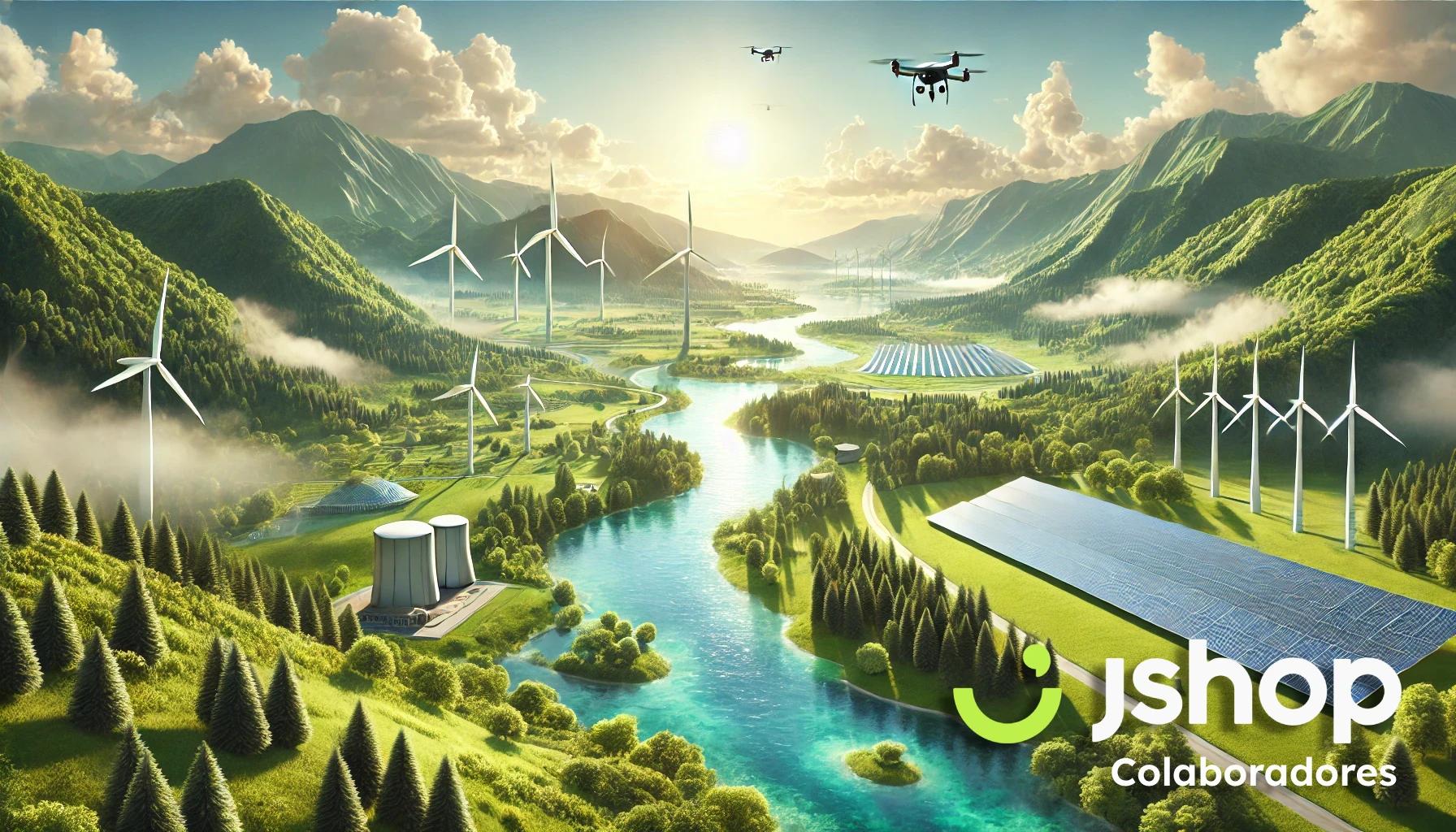 Paisaje verde y montañoso con turbinas eólicas, paneles solares y una planta de energía, representando el uso de tecnologías limpias y sostenibles en un entorno natural. Drones vuelan sobre el paisaje mientras un río serpentea entre los árboles y las instalaciones de energía renovable.