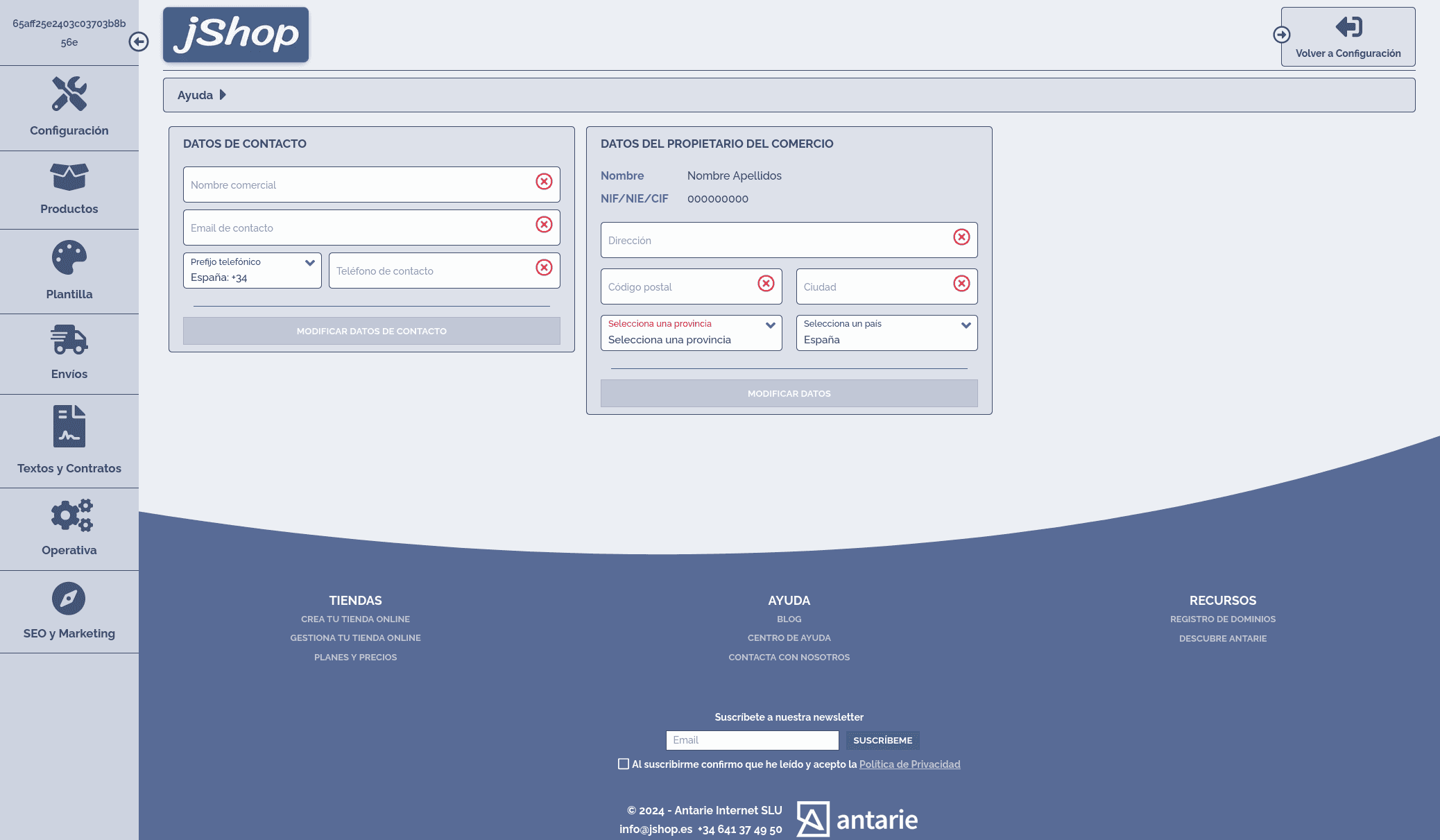 Panel de control de jShop donde el usuario puede configurar los datos de su ecommerce.