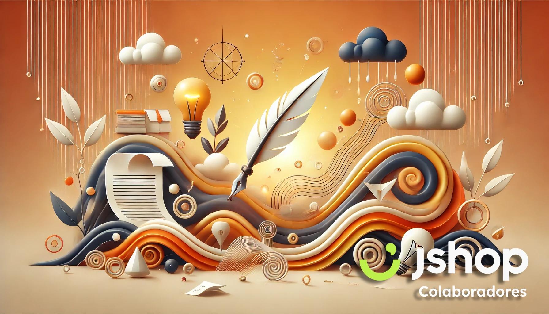 Ilustración abstracta de elementos creativos como una pluma, bombillas, nubes y ondas de colores, simbolizando el proceso de escritura, la inspiración y la generación de ideas en un entorno artístico y fluido.