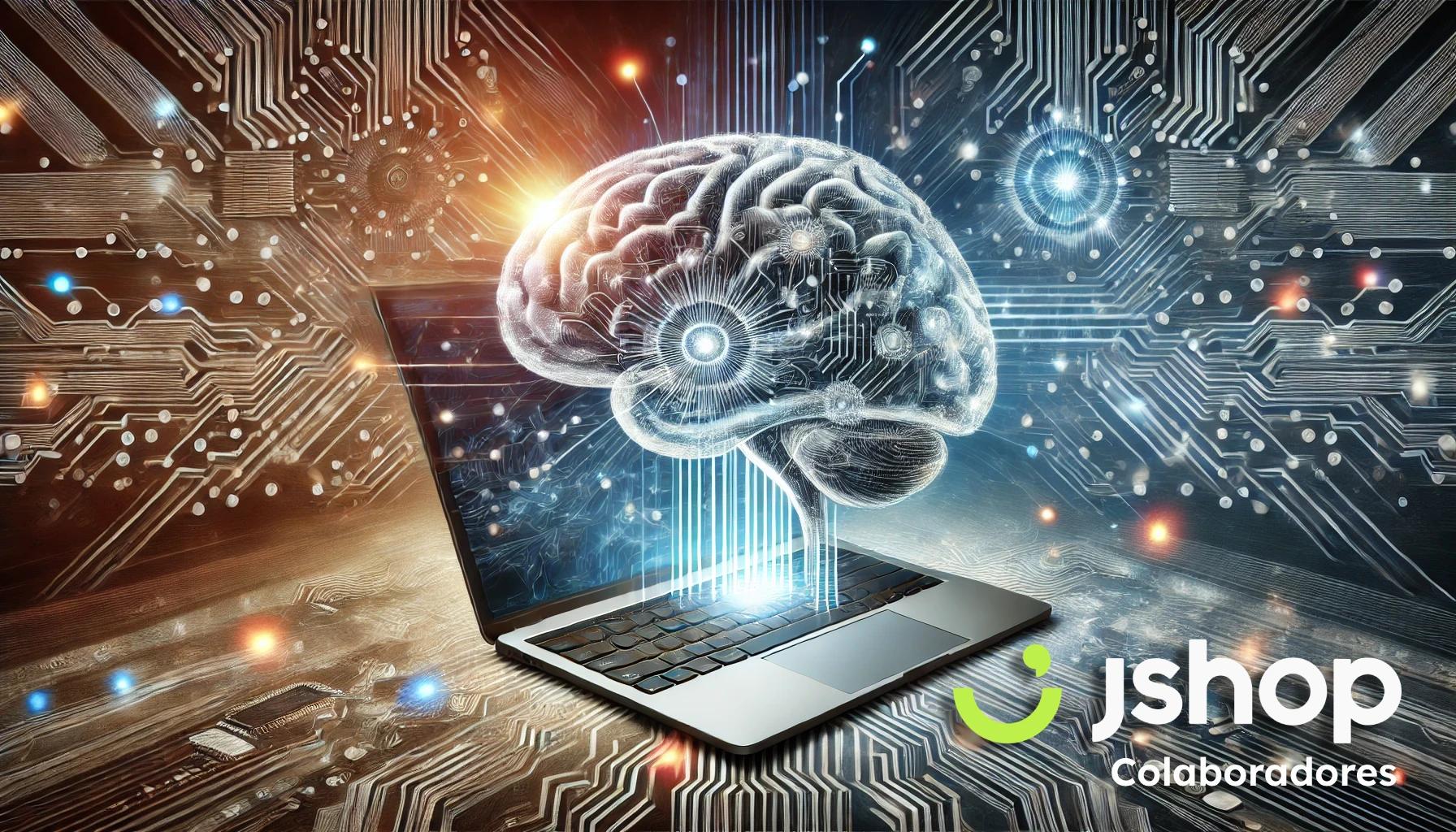 Ilustración abstracta de una computadora portátil con un cerebro digital flotando sobre el teclado, simbolizando la inteligencia artificial y la conexión entre la tecnología y el cerebro humano.