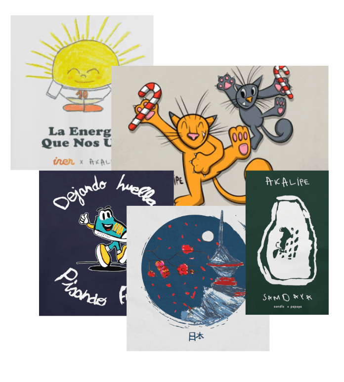 Collage de ilustraciones coloridas y creativas que incluyen un sol sonriente, dos gatos jugando con bastones de caramelo, un personaje divertido dejando huella, un paisaje japonés nocturno con flores y una forma abstracta en verde con texto artístico.