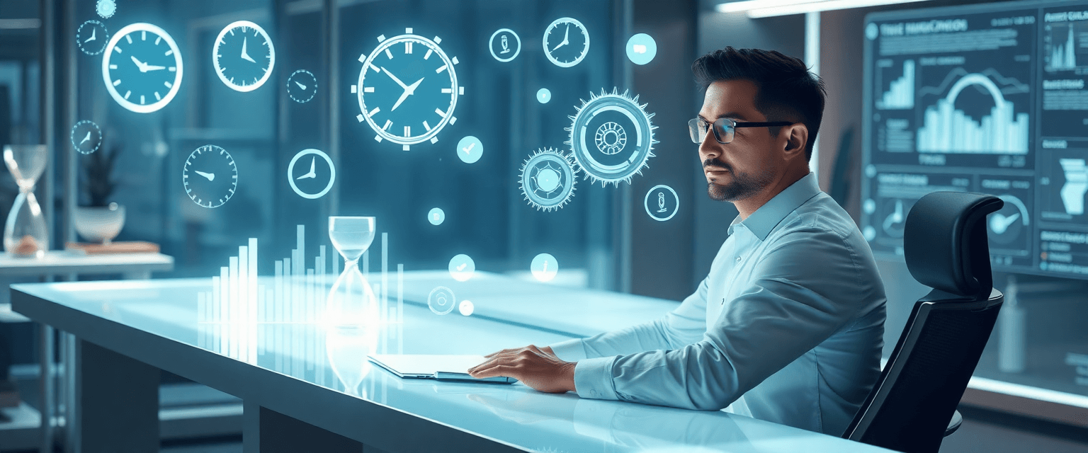 Persona en oficina futurista con hologramas de relojes y gráficos, analizando datos y optimizando procesos.