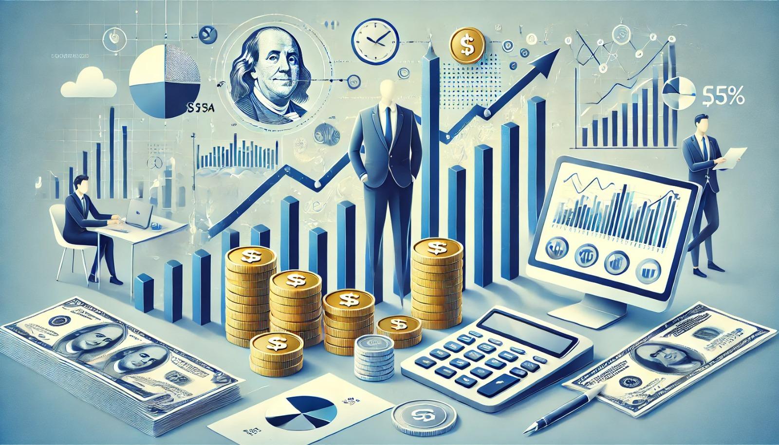 Representación visual de finanzas: gráficos, monedas, billetes y profesionales analizando datos económicos.