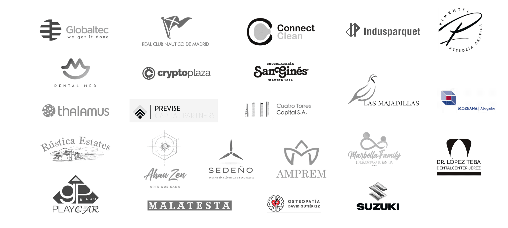 Colección de logotipos de diversas empresas y organizaciones presentados en una cuadrícula sobre un fondo blanco. Los logotipos varían en diseño y estilo, con algunos más modernos y minimalistas, y otros más tradicionales.