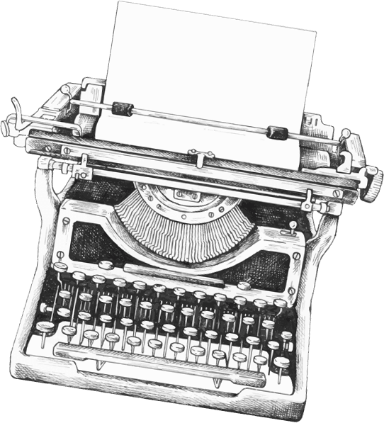 Ilustración en blanco y negro de una máquina de escribir antigua con hoja en blanco.