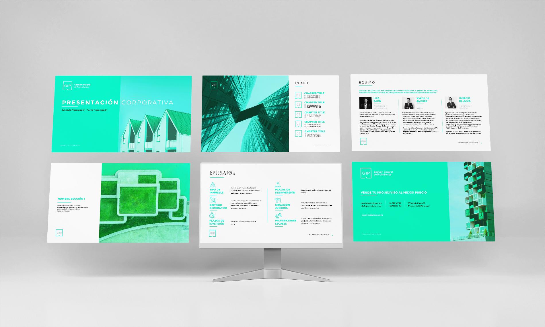Presentación corporativa con diseño moderno en tonos verdes y blanco.