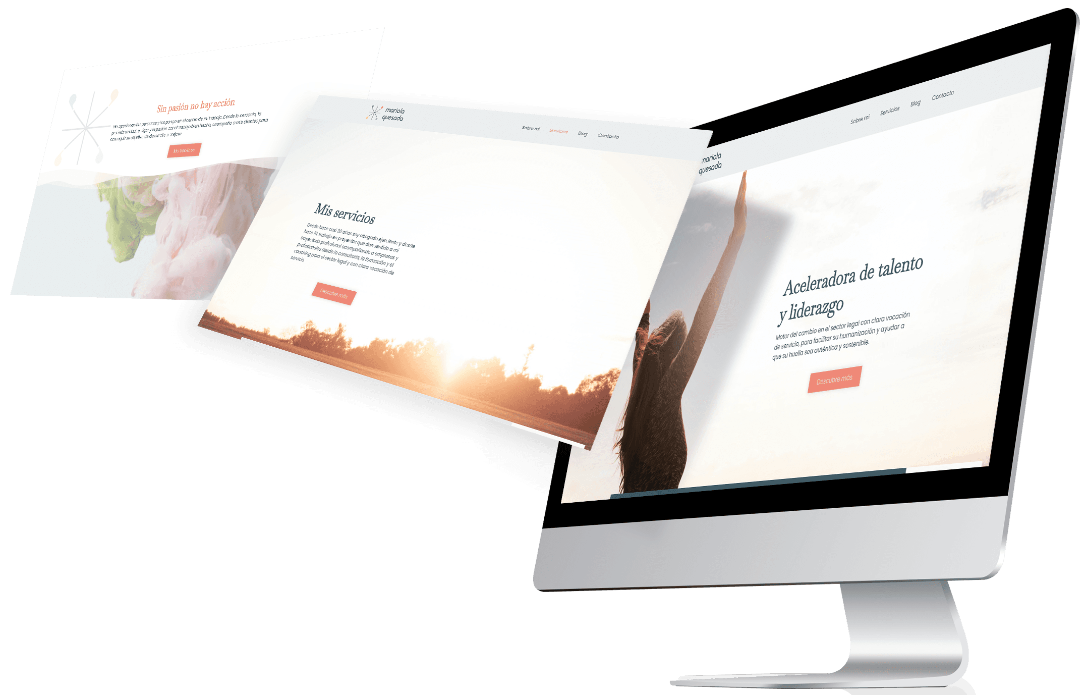 Mockup de página web de desarrollo personal mostrando servicios y enfoque en liderazgo y bienestar.