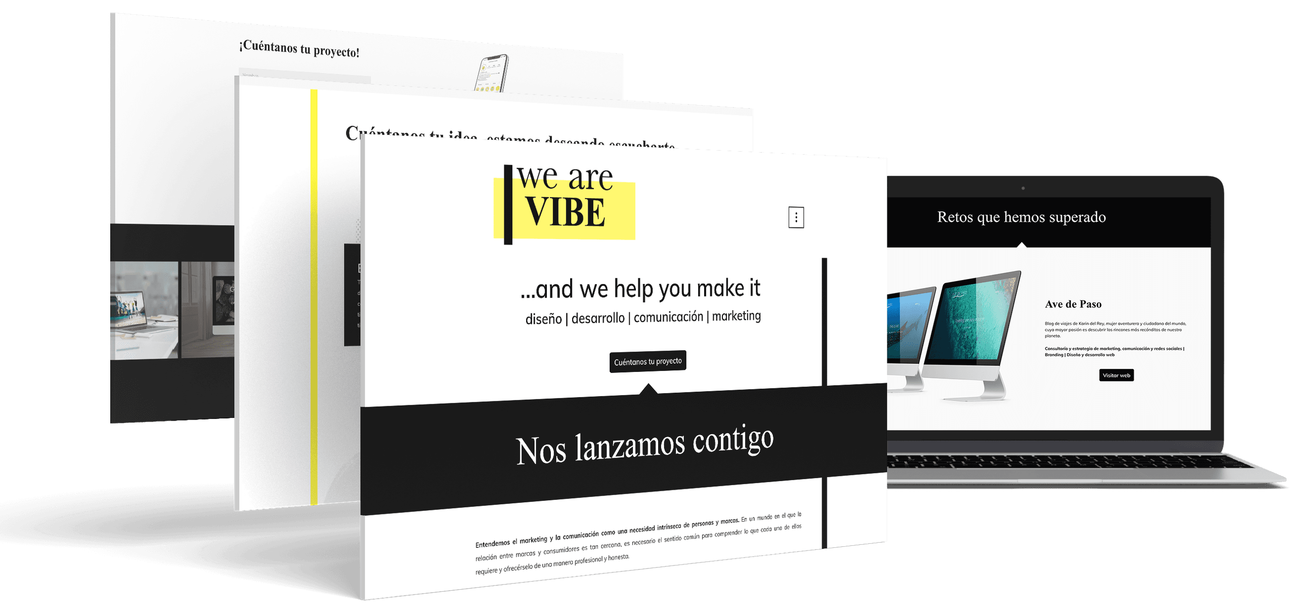 Diseños de páginas web mostrando servicios de diseño, desarrollo, comunicación y marketing, con enfoque moderno y profesional.