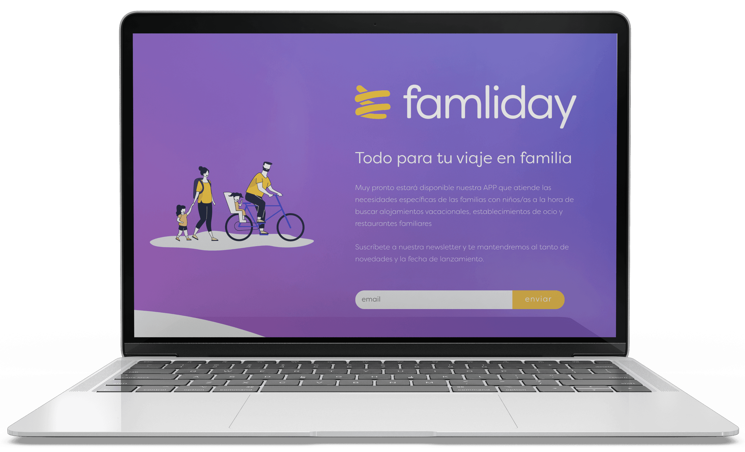 Portátil mostrando una app para viajes en familia, con un diseño moderno y un formulario de suscripción.